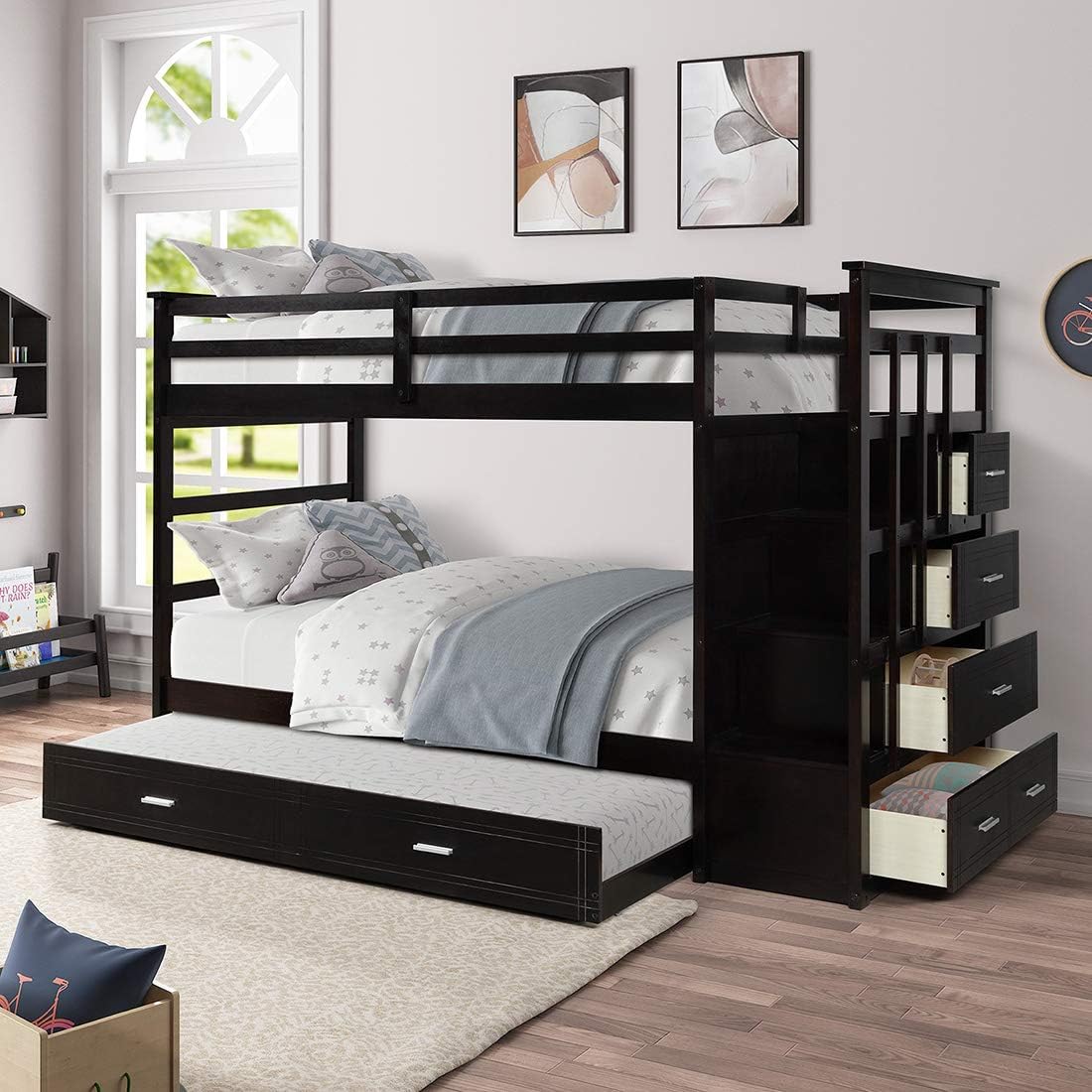 Gray Solid Wood Twin Over Twin Bunk Bed with Four Drawers and Trundle O993