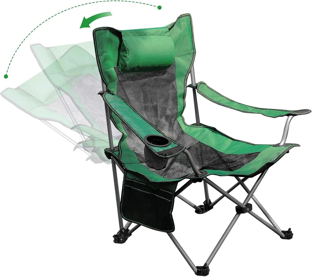 Green Folding Recliner Camping Chair with Headrest Cup Holders Side Pocket R42955