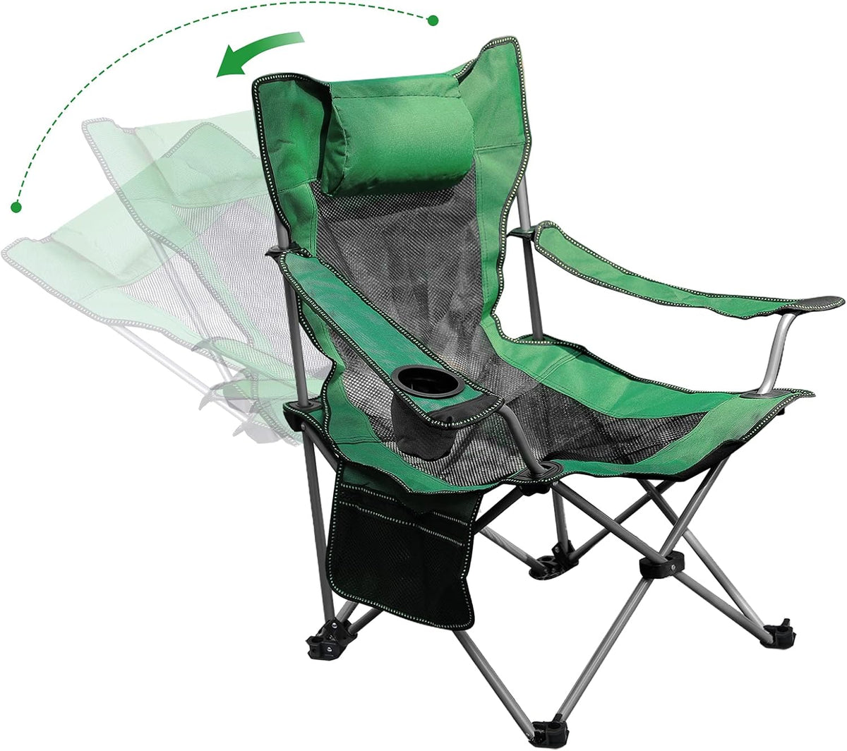 Green Folding Recliner Camping Chair with Headrest Cup Holders Side Pocket R42955