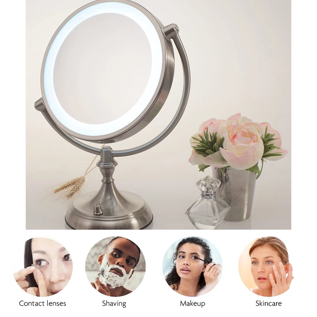 Lighted Makeup Mirror 9.5 Inch 1X 5X Magnifier Dimmable 360 Degree Double Sided LED Acrylic Edge Battery USB Powered Vanity K5523