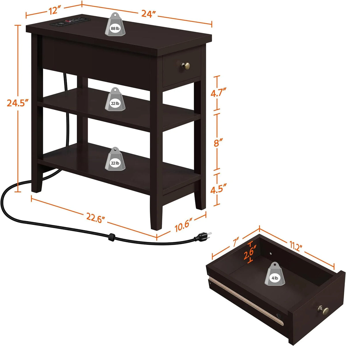 Espresso Narrow Nightstand with Charging Station I803563