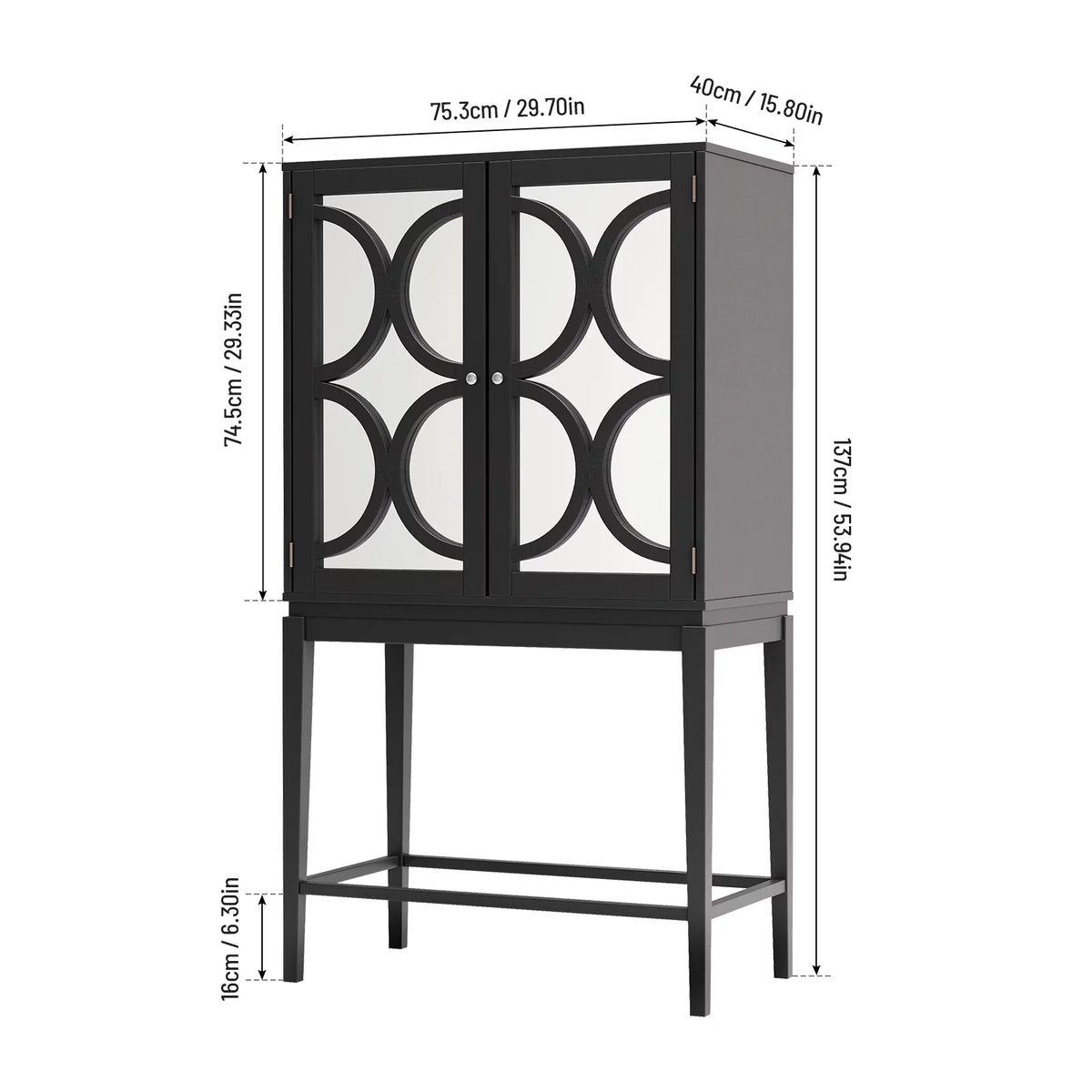 Solid Rubber Wood Double Mirror Door Wine Cabinet with Glass Holder N946523