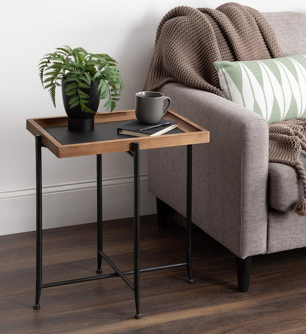 Rustic Brown Wood and Slate Side Accent Table with Black Iron Metal Base M5780