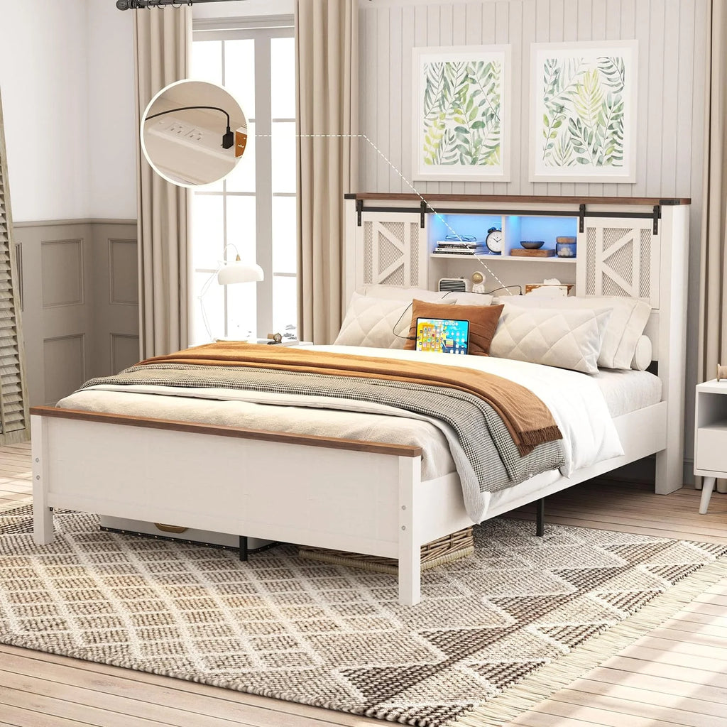 White Queen Size Metal Bed Frame with Headboard and Charging Station O7998