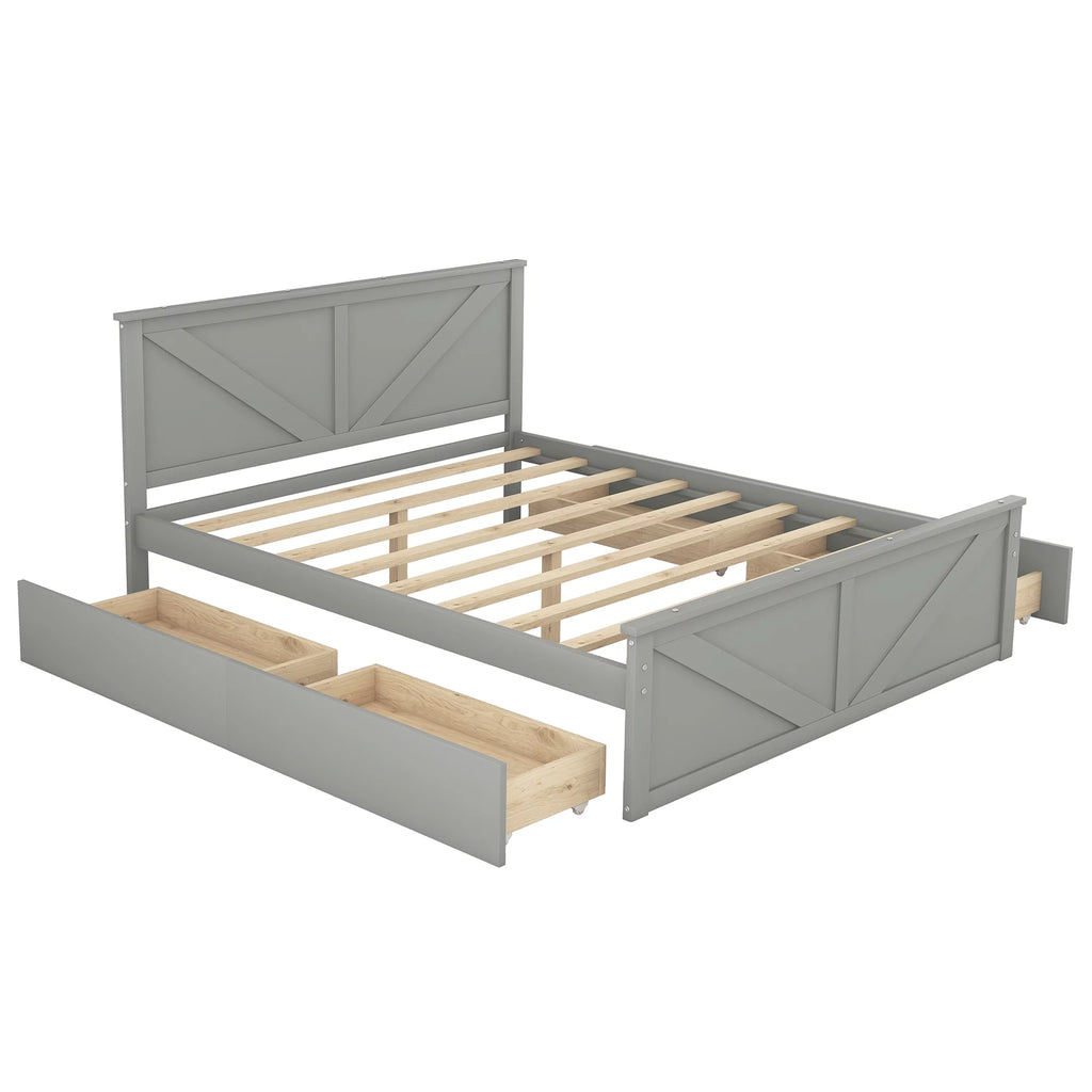 Gray Wood Queen Size Platform Bed with 4 Storage Drawers Z462575