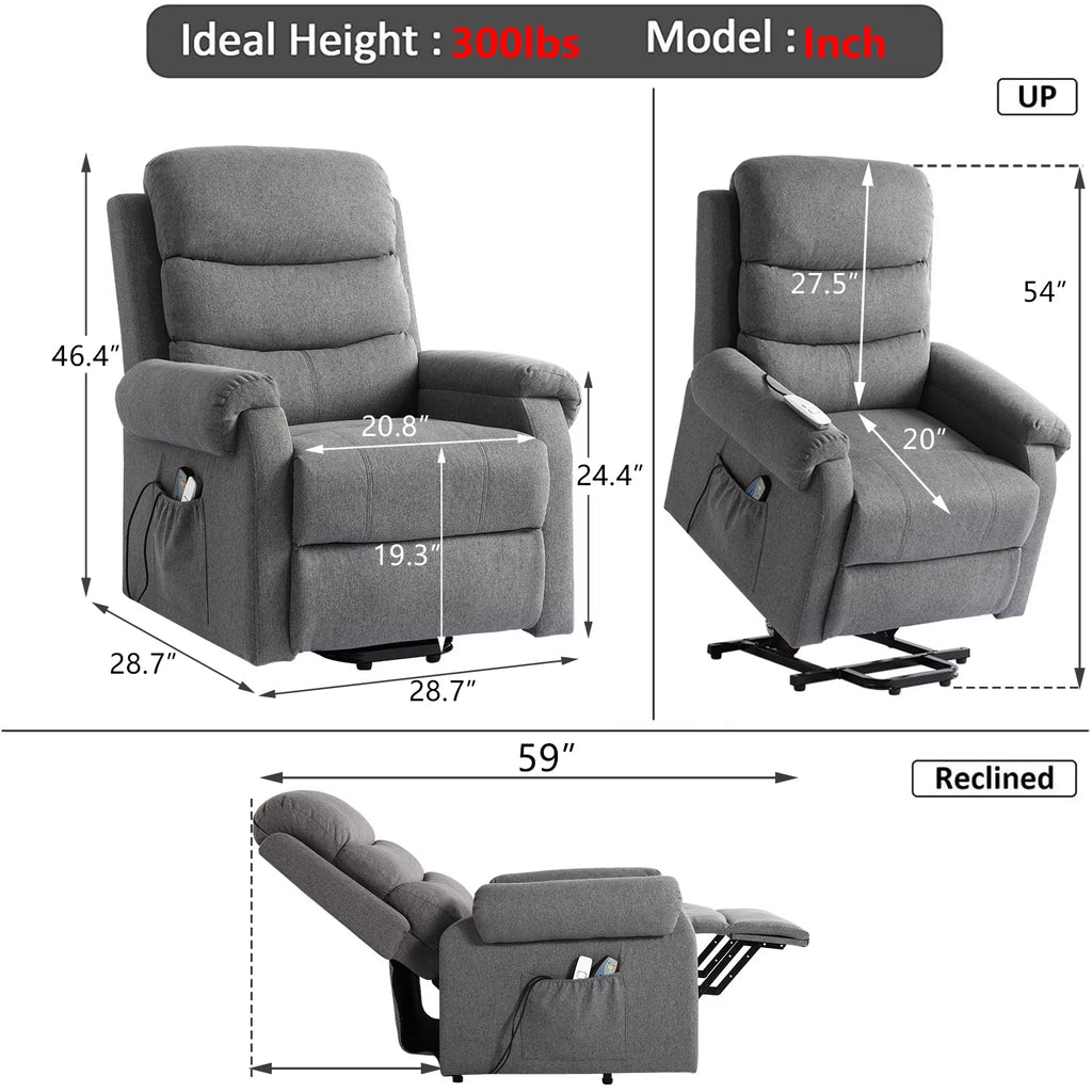 Linen Fabric Heated Massage Power Lift Recliner Chair with USB Ports R32870