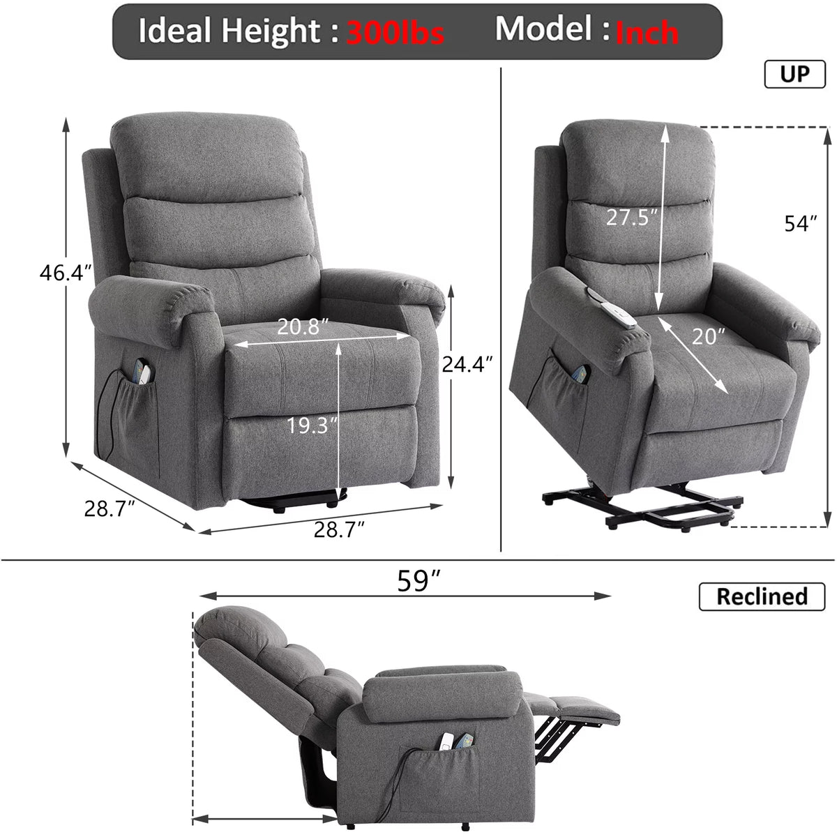 Linen Fabric Heated Massage Power Lift Recliner Chair with USB Ports R32870