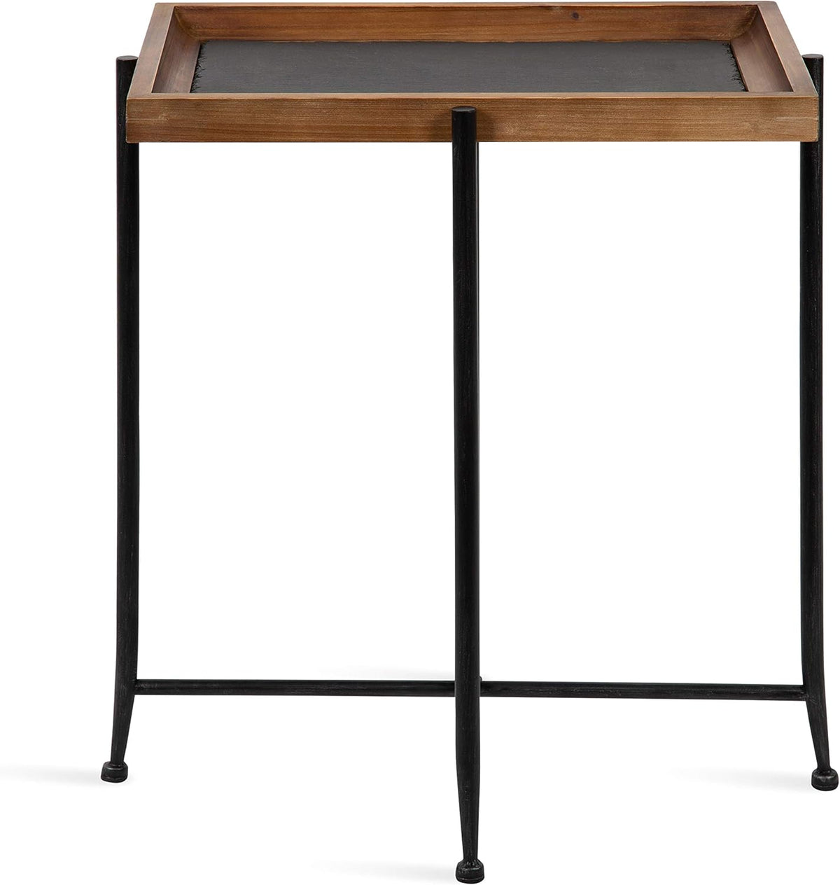 Rustic Brown Wood and Slate Side Accent Table with Black Iron Metal Base M5780