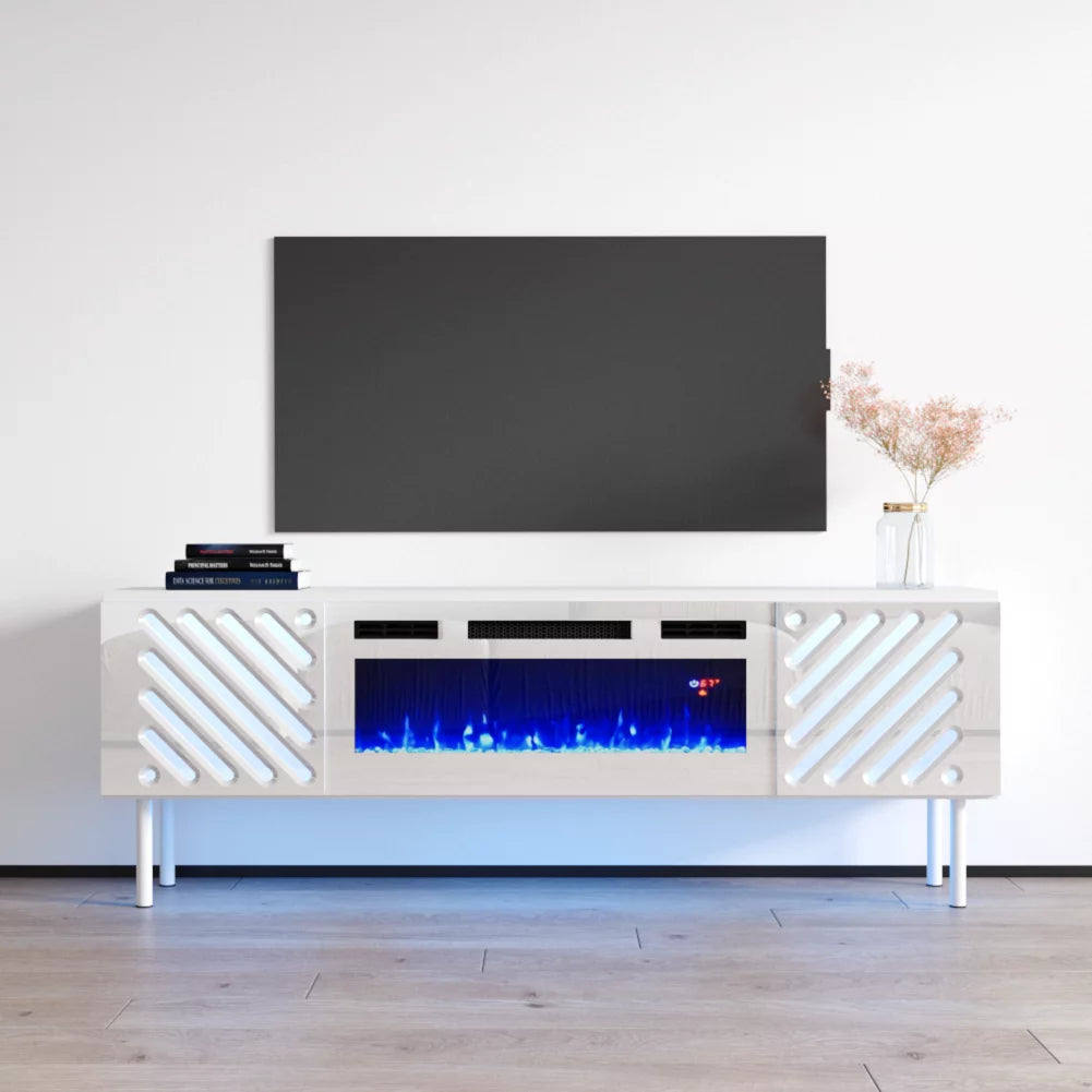 63" High Gloss Fireplace TV Stand with Storage Cabinets and LED Lights K7343
