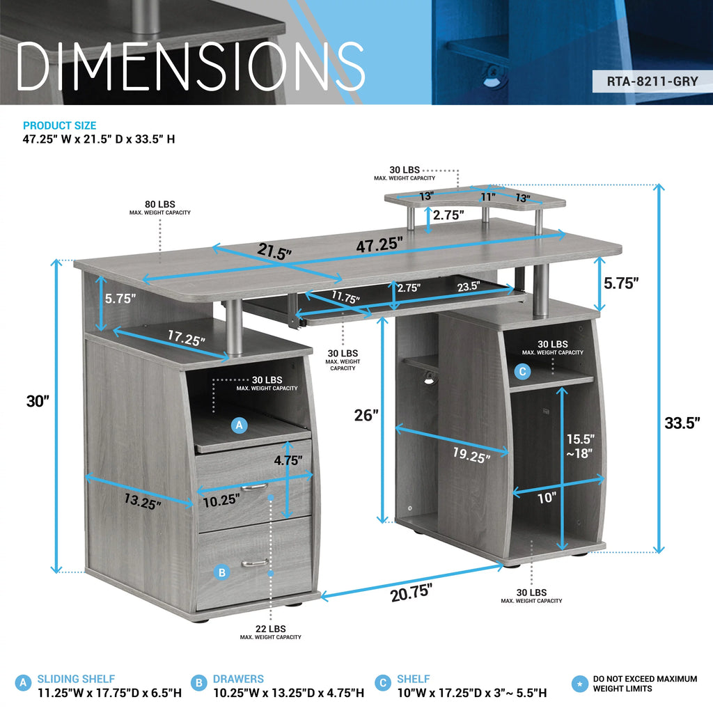 Grey Computer Workstation Desk with Storage F77456