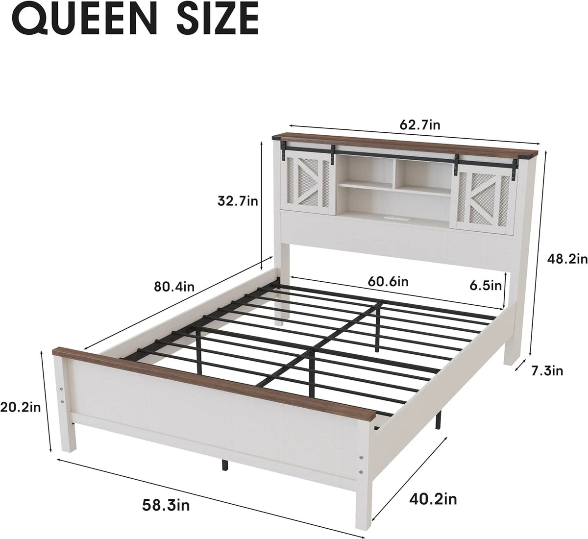 White Queen Size Metal Bed Frame with Headboard and Charging Station O7998