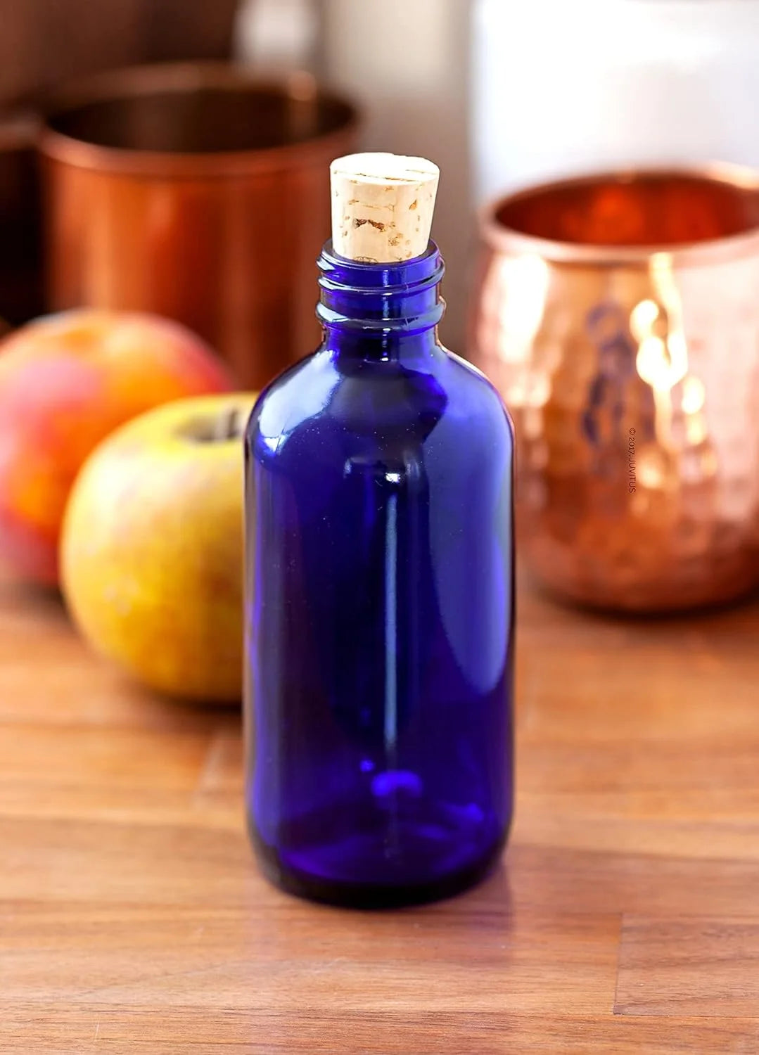 8 Oz Cobalt Blue Glass Bottle with Cork Stopper 4 Pack W99136