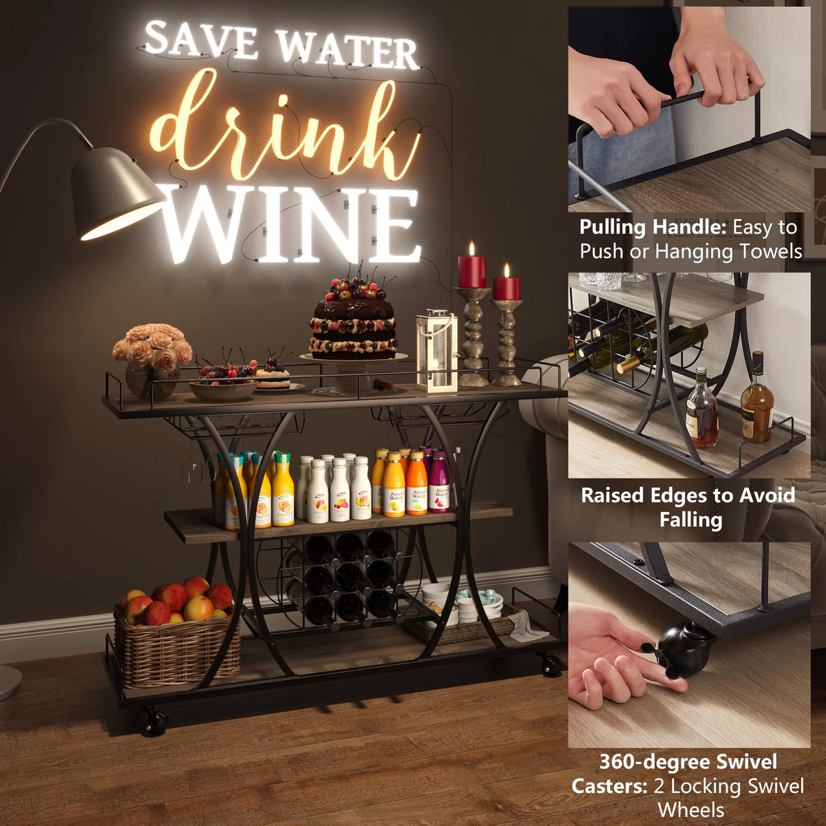 3 Tier Rolling Bar Cart with Wine Rack and Glass Holder T45010