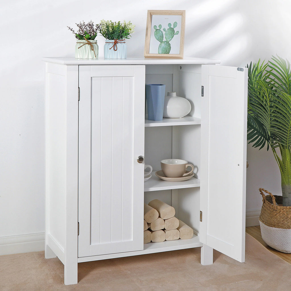 2-Door White Bathroom Floor Storage Cabinet with Adjustable Shelves H70317