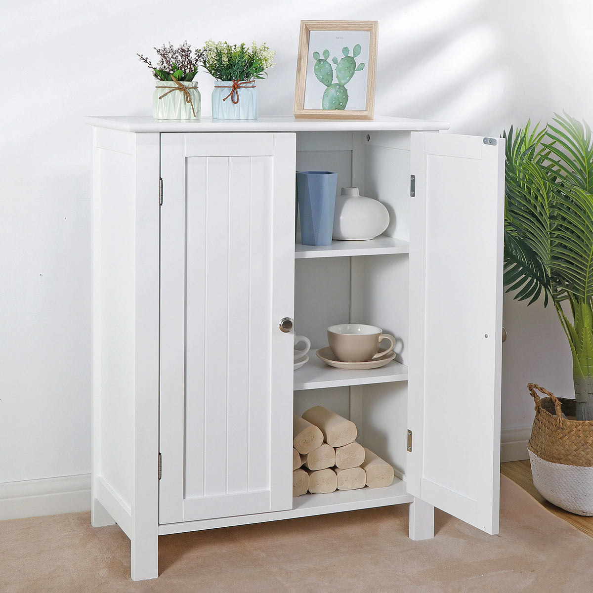 2-Door White Bathroom Floor Storage Cabinet with Adjustable Shelves H70317