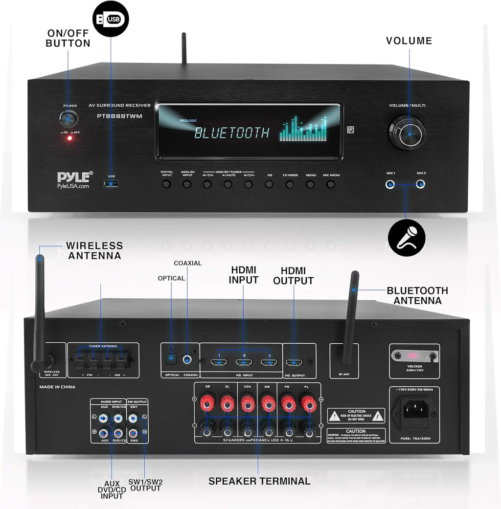 1000W Bluetooth Stereo Amplifier with 2 UHF Wireless Microphone R8173
