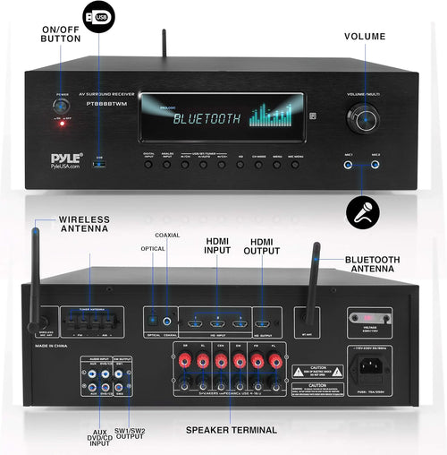 1000W Bluetooth Stereo Amplifier with 2 UHF Wireless Microphone R8173