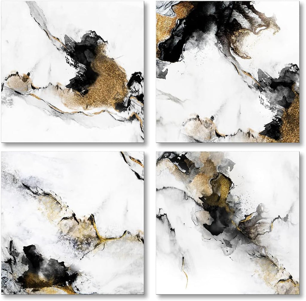 Black and White Gold Abstract Canvas Wall Art 4 Pieces 12x12inch x4pcs T575