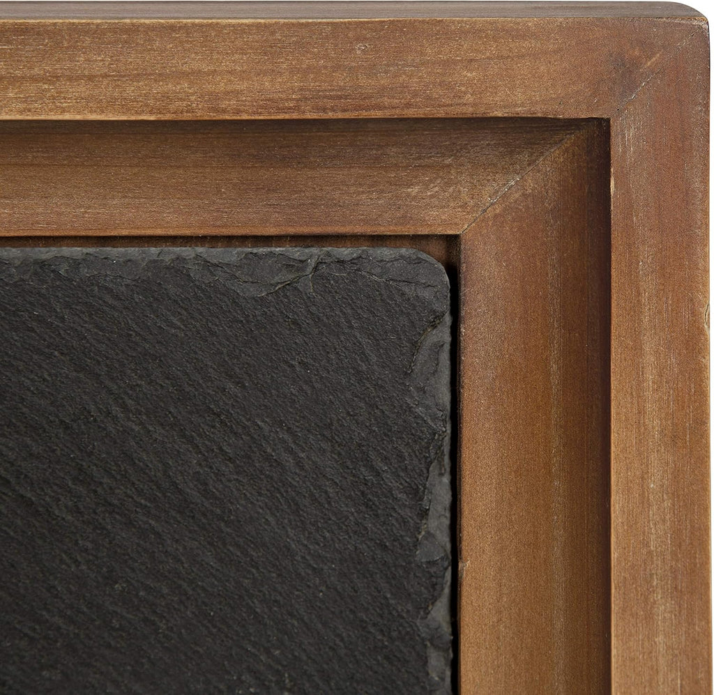 Rustic Brown Wood and Slate Side Accent Table with Black Iron Metal Base M5780