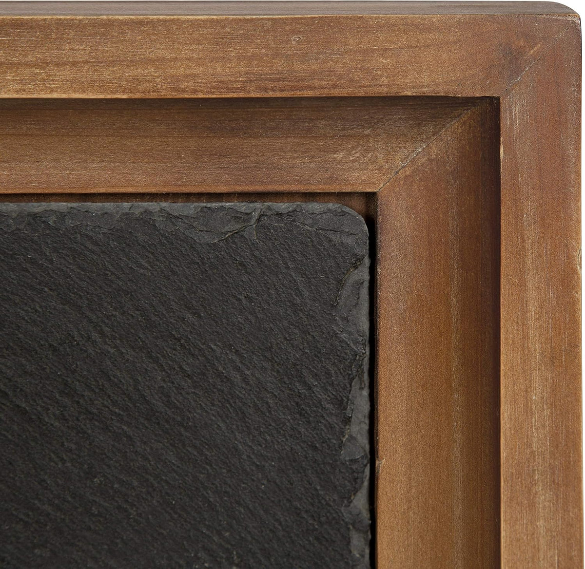 Rustic Brown Wood and Slate Side Accent Table with Black Iron Metal Base M5780