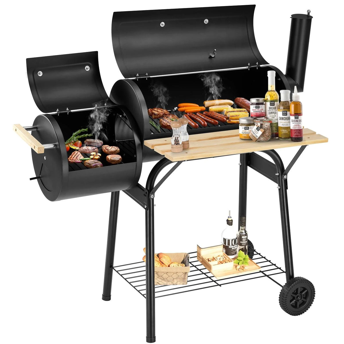 Charcoal Grill, 45.28-Inch Portable Barbecue Grill with Wheels & Thermometer O459840