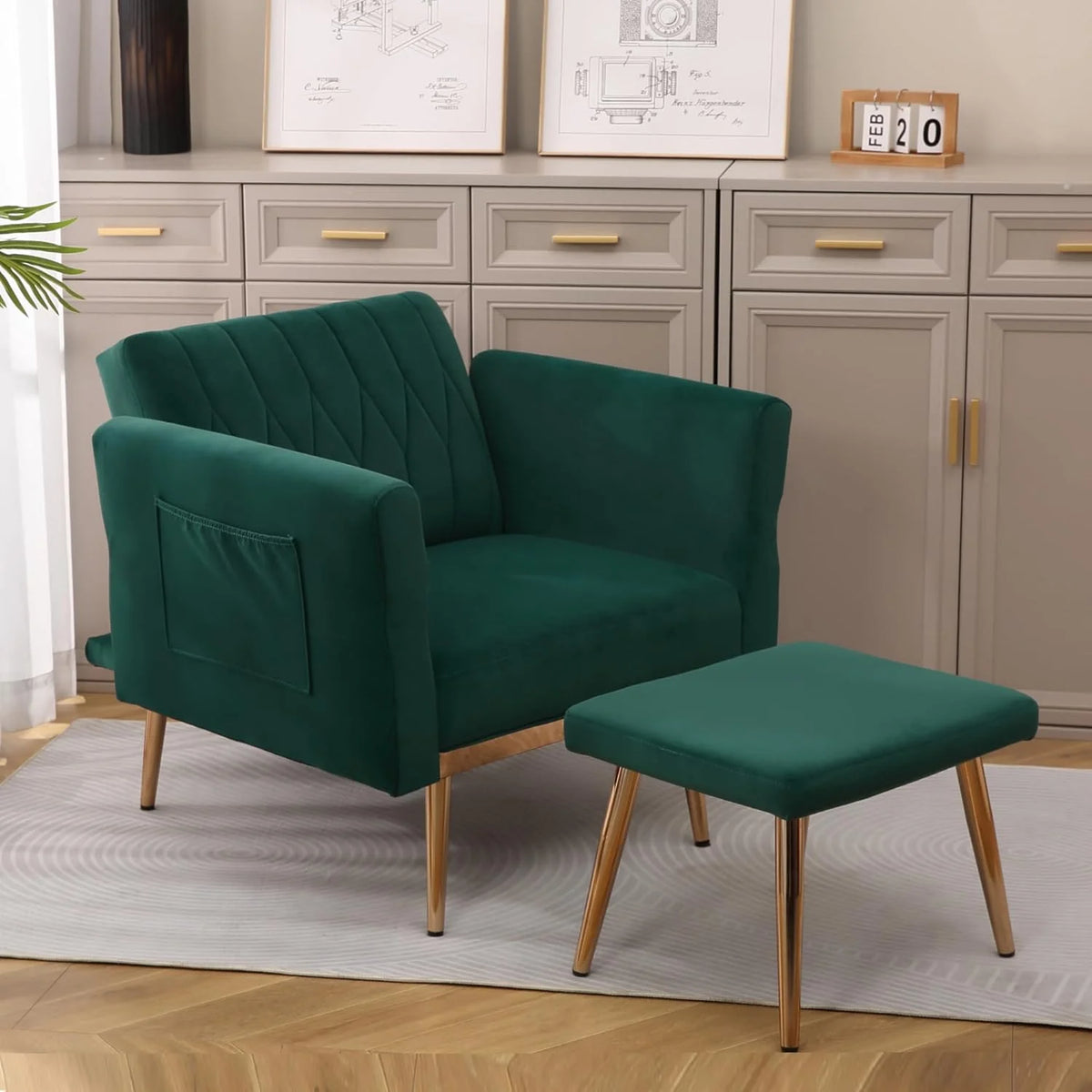 Dark Green Velvet 2 in 1 Accent Chair with Ottoman Y4860