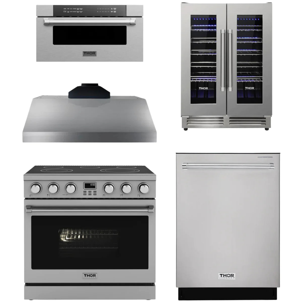 36 Electric Range, Range Hood, Dishwasher, Microwave and Wine Cooler E47933