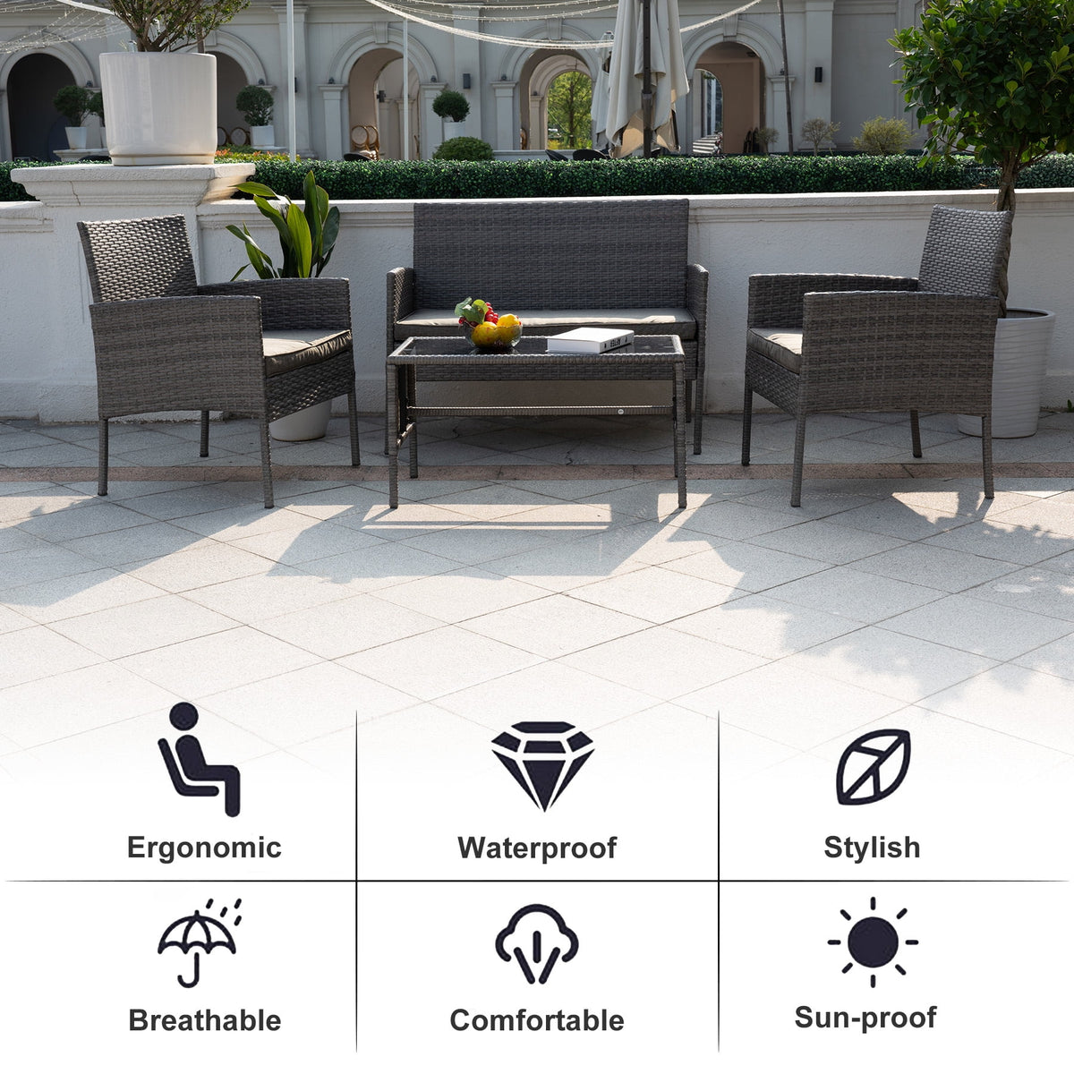 4 Piece Wicker Patio Conversation Furniture Set with Glass-Top Coffee Table & Gray Cushions T79435