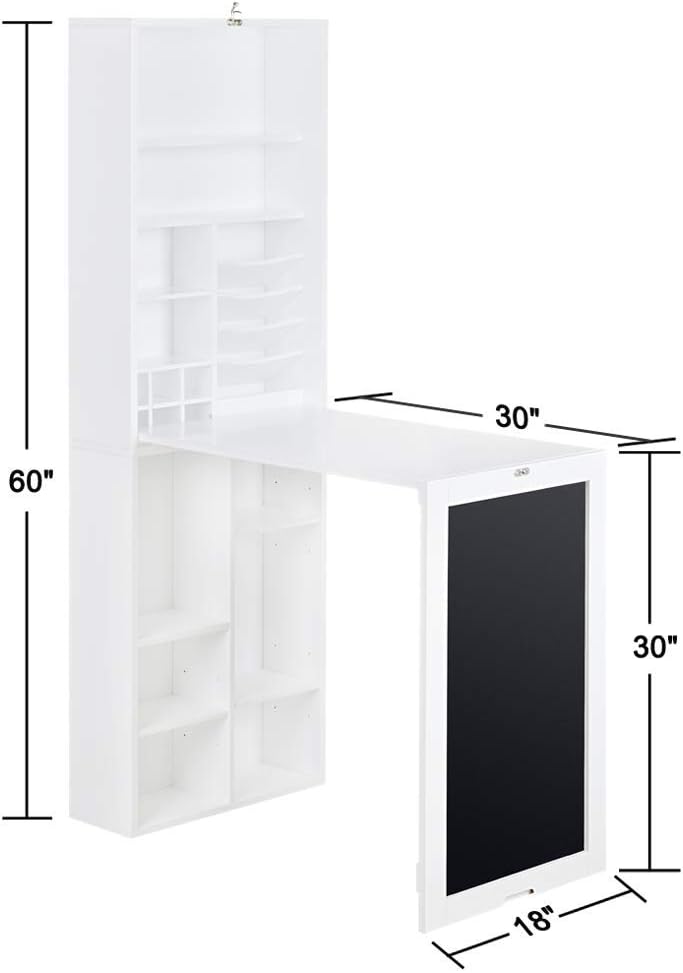 White Collapsible Wall Desk Cabinet with Chalkboard and Bottom Shelf U103821