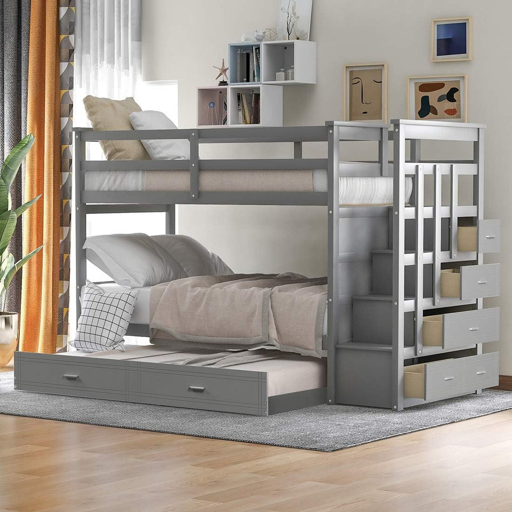 Gray Solid Wood Twin Over Twin Bunk Bed with Four Drawers and Trundle O993