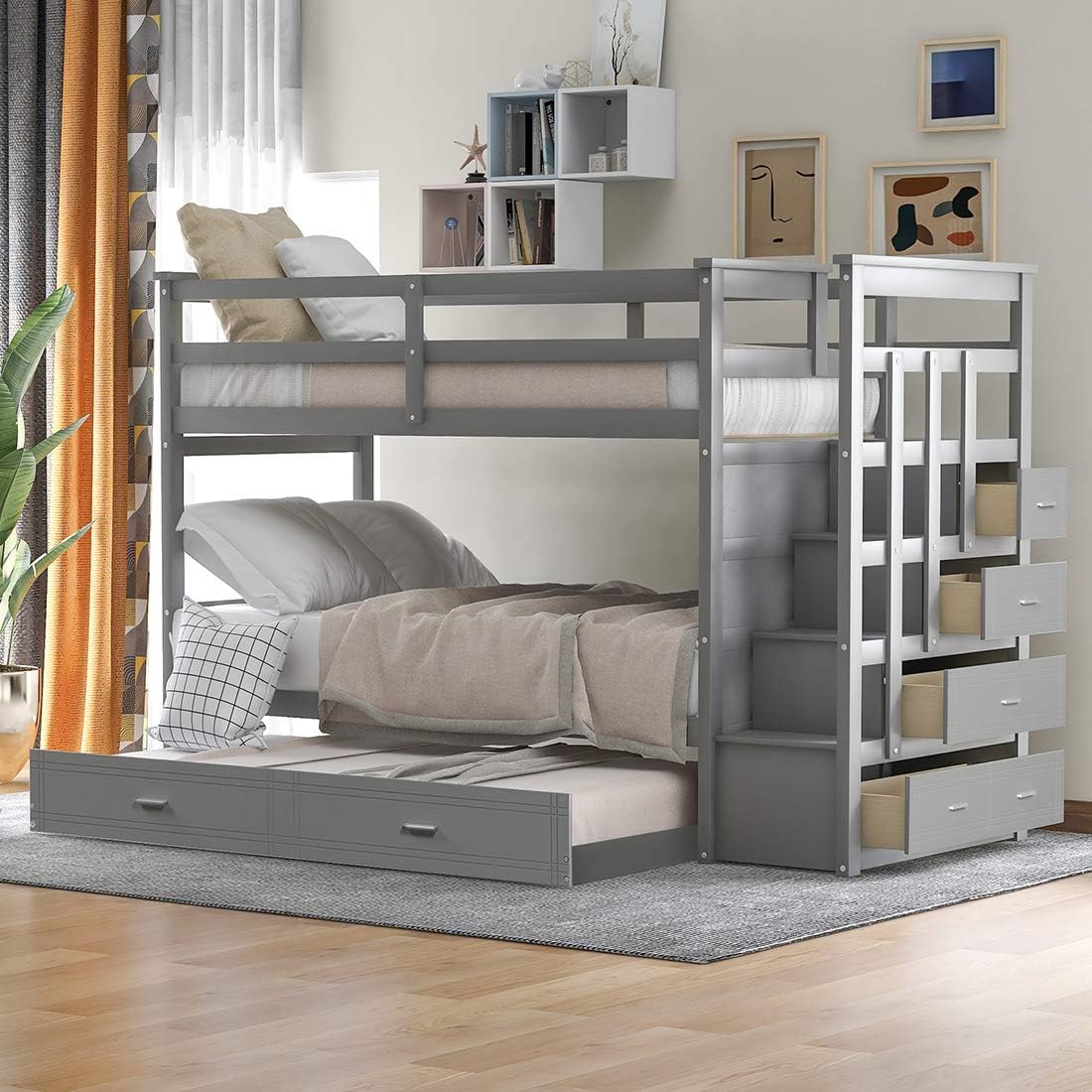 Gray Solid Wood Twin Over Twin Bunk Bed with Four Drawers and Trundle O993