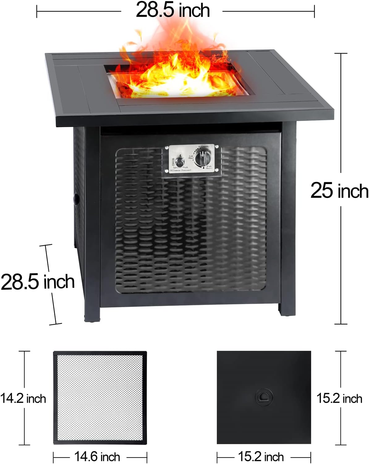 28 Inch Black Square Propane Fire Pit Table T280