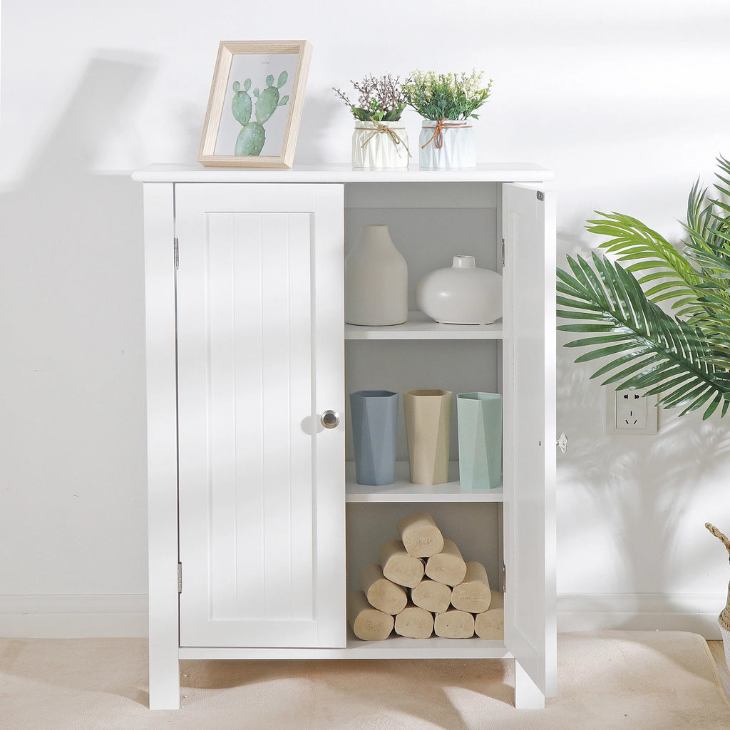 2-Door White Bathroom Floor Storage Cabinet with Adjustable Shelves H70317