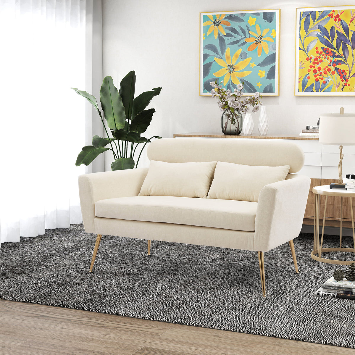 Mid Century Modern Chenille Two-Seater Sofa with 2 Throw Pillows Y40780