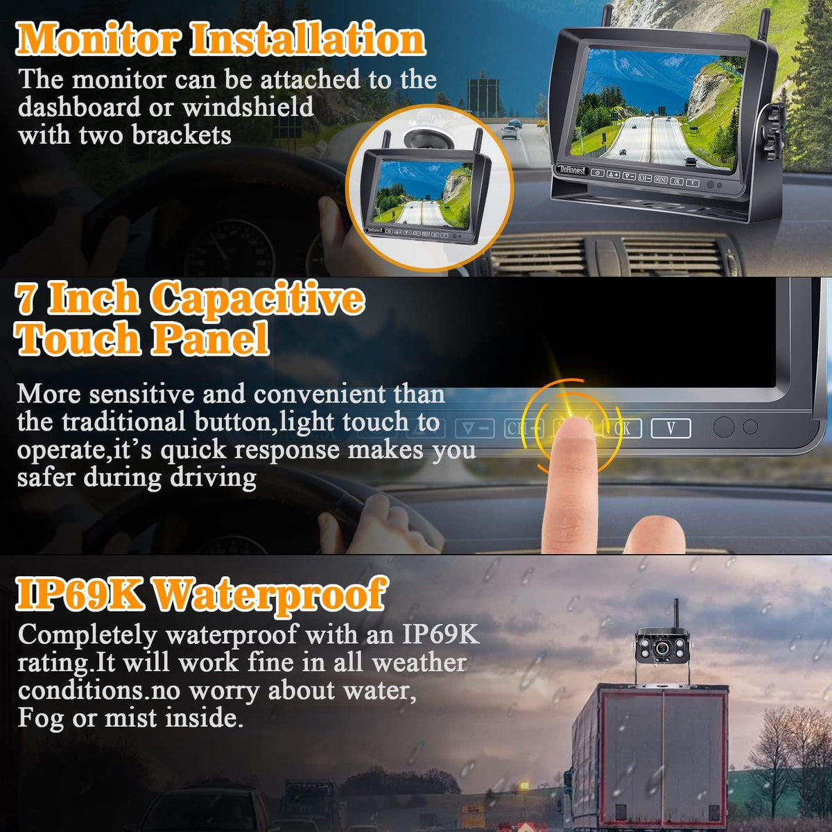 7" Touch Key DVR Monitor HD 1080P Bluetooth Backup Camera with IR Night Vision I8972