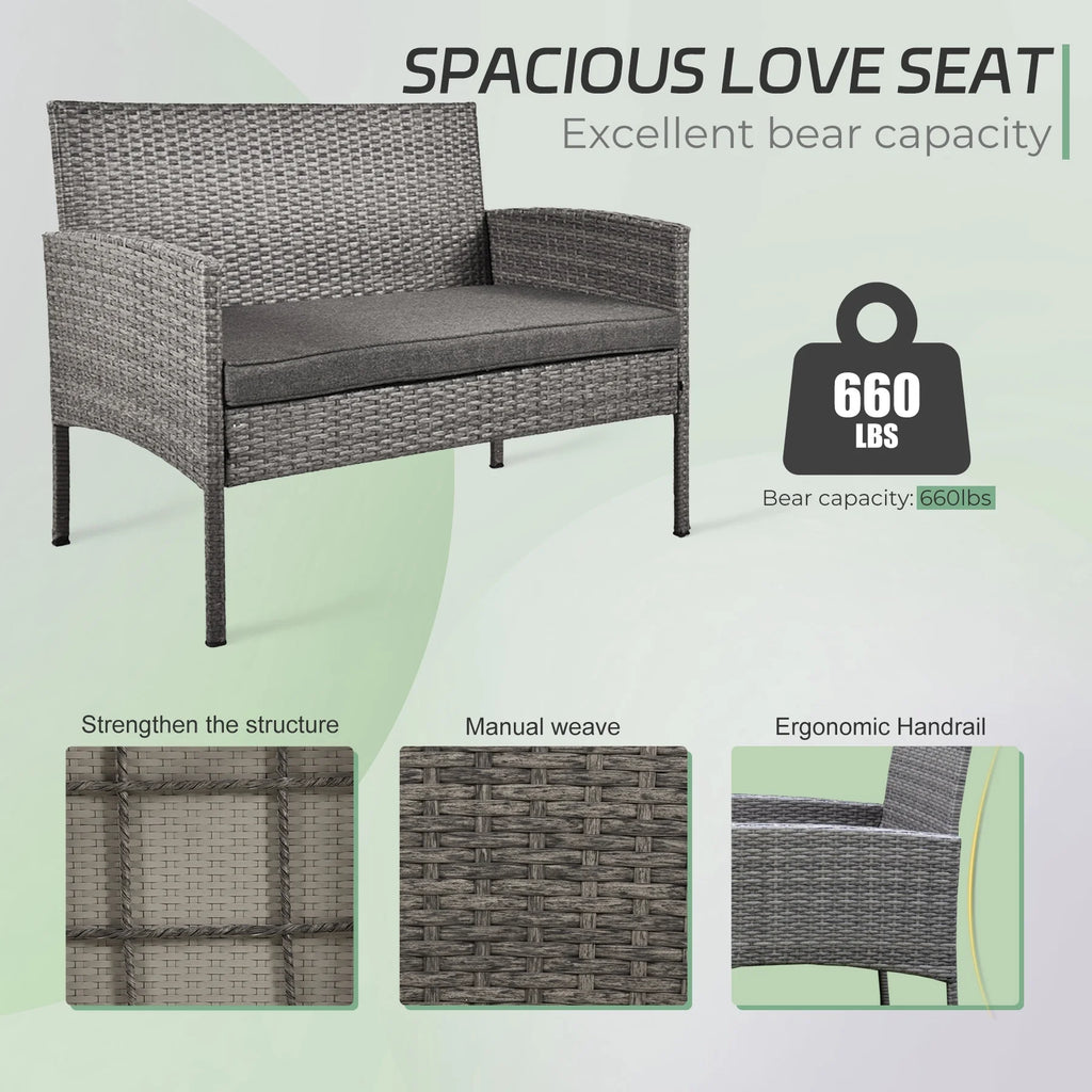 4 Piece Wicker Patio Conversation Furniture Set with Glass-Top Coffee Table & Gray Cushions T79435