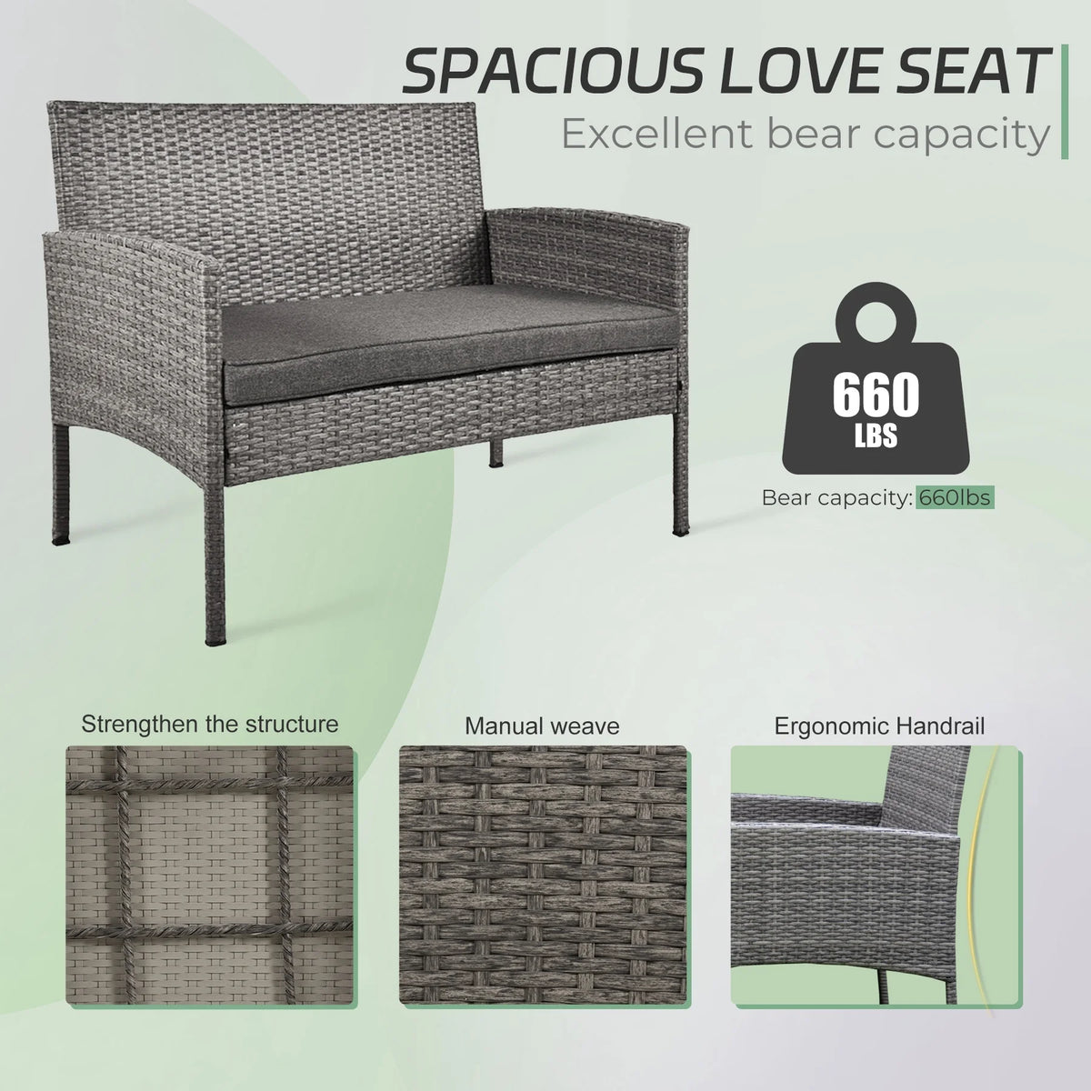 4 Piece Wicker Patio Conversation Furniture Set with Glass-Top Coffee Table & Gray Cushions T79435